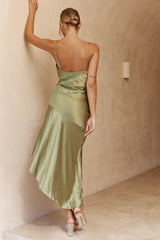 Morning Sun Cowl Neckline Asymmetrical Hem Midi Dress Olive