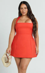 Dante Mini Dress Halter Neck Tie Tulip Skirt Dress in Orange