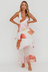 Veda Strappy Back Ruffle Maxi Dress Flowers Pink