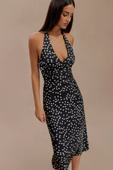 Marguerite Satin Halter Midi Dress - Black Polka Dot Print