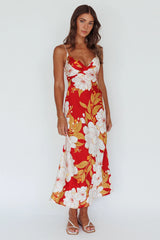 Infinity Pintuck Bust Midi Dress Flower Red