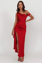 Sensations Off Shoulder Satin Maxi Dress Red