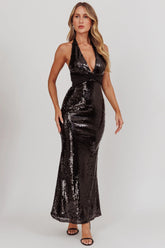 Italia Azure Halterneck Sequin Maxi Dress Black