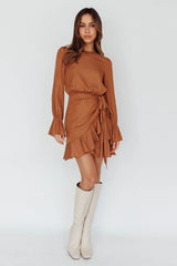 Darla Long Sleeve Satin Dress Tan