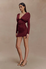 Hayden Long Sleeve Plunge Mini Dress - Burgundy