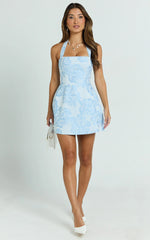 Gabbie Mini Dress Jacquard Halter Fit And Flare Dress in Blue