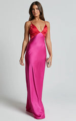 Quincy Maxi Dress Satin Slip Dress in Pink/Red
