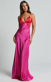 Quincy Maxi Dress Satin Slip Dress in Pink/Red