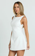 Raquelle Mini Dress Boucle Boat Neck V Back Fit and Flare Dress in White