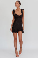 Emine Bow Shoulder Lace Mini Dress Black