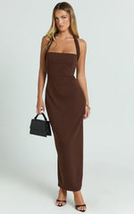 Salome Midi Dress Halter Neck Column Dress in Chocolate