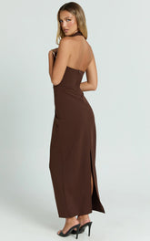 Salome Midi Dress Halter Neck Column Dress in Chocolate