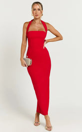 Salome Midi Dress Halter Neck Column Dress in Red