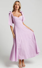 Tymia Midi Dress Shoulder Tie Bustier Shirred Back A Line in Lavender