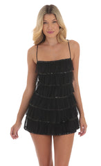 Mesh Sequin Ruffles Dress in Black