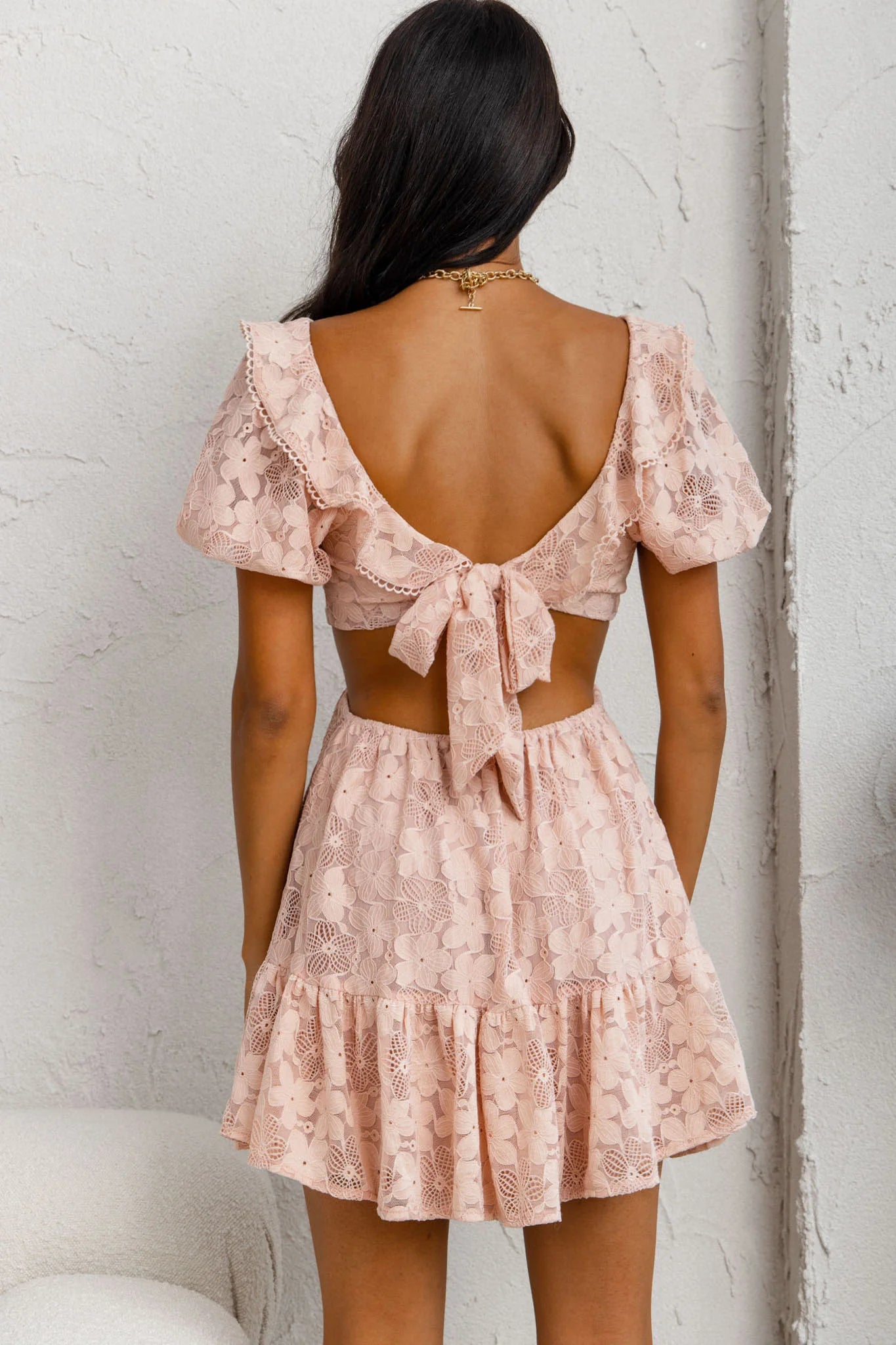 Sweet Life Cut-Out Waist Lace Dress Peach