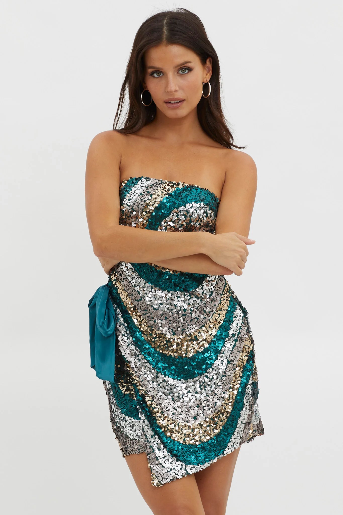 Eyes For You Waist Tie Mini Dress Sequin Green