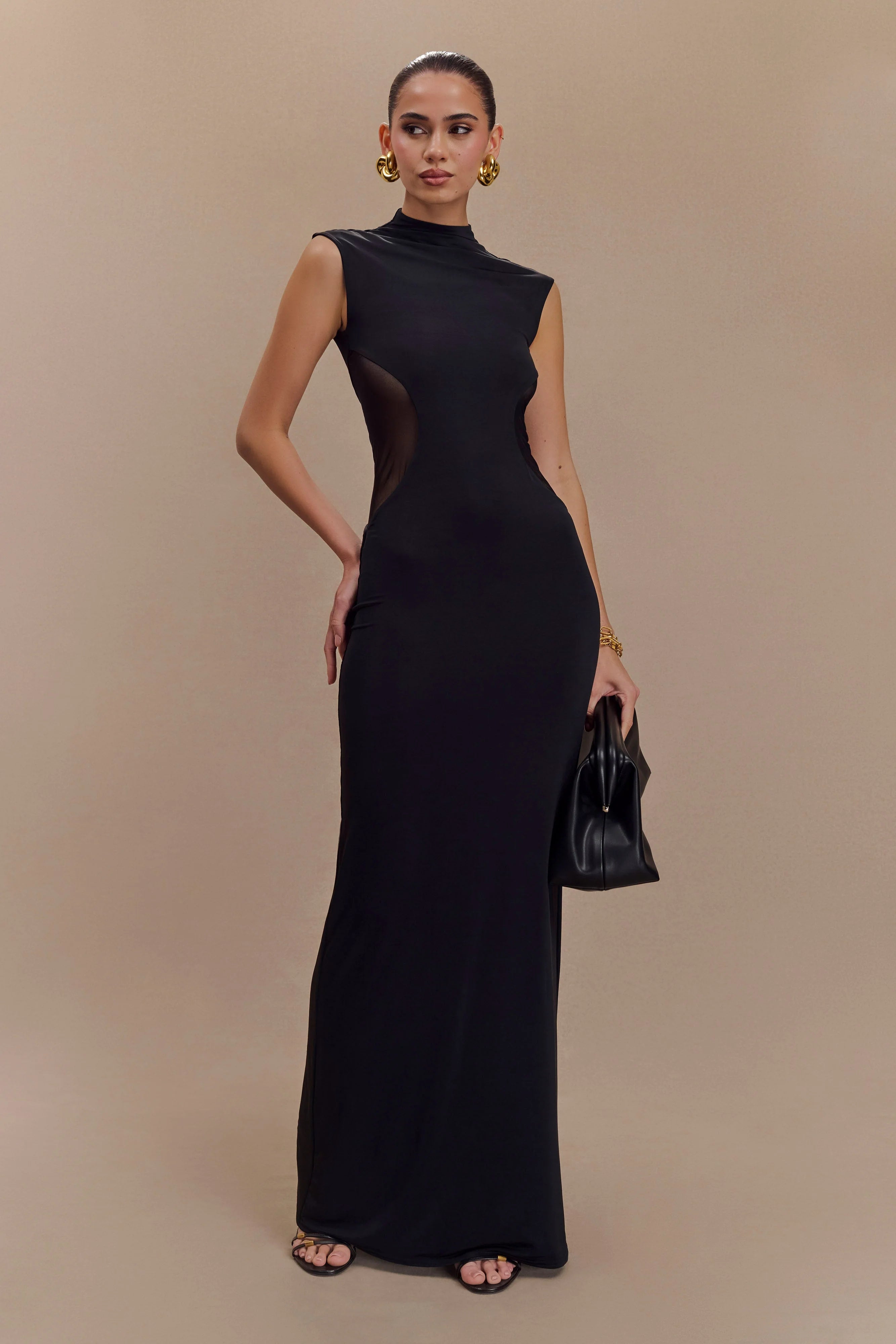 Massie Slinky And Mesh Maxi Dress - Black