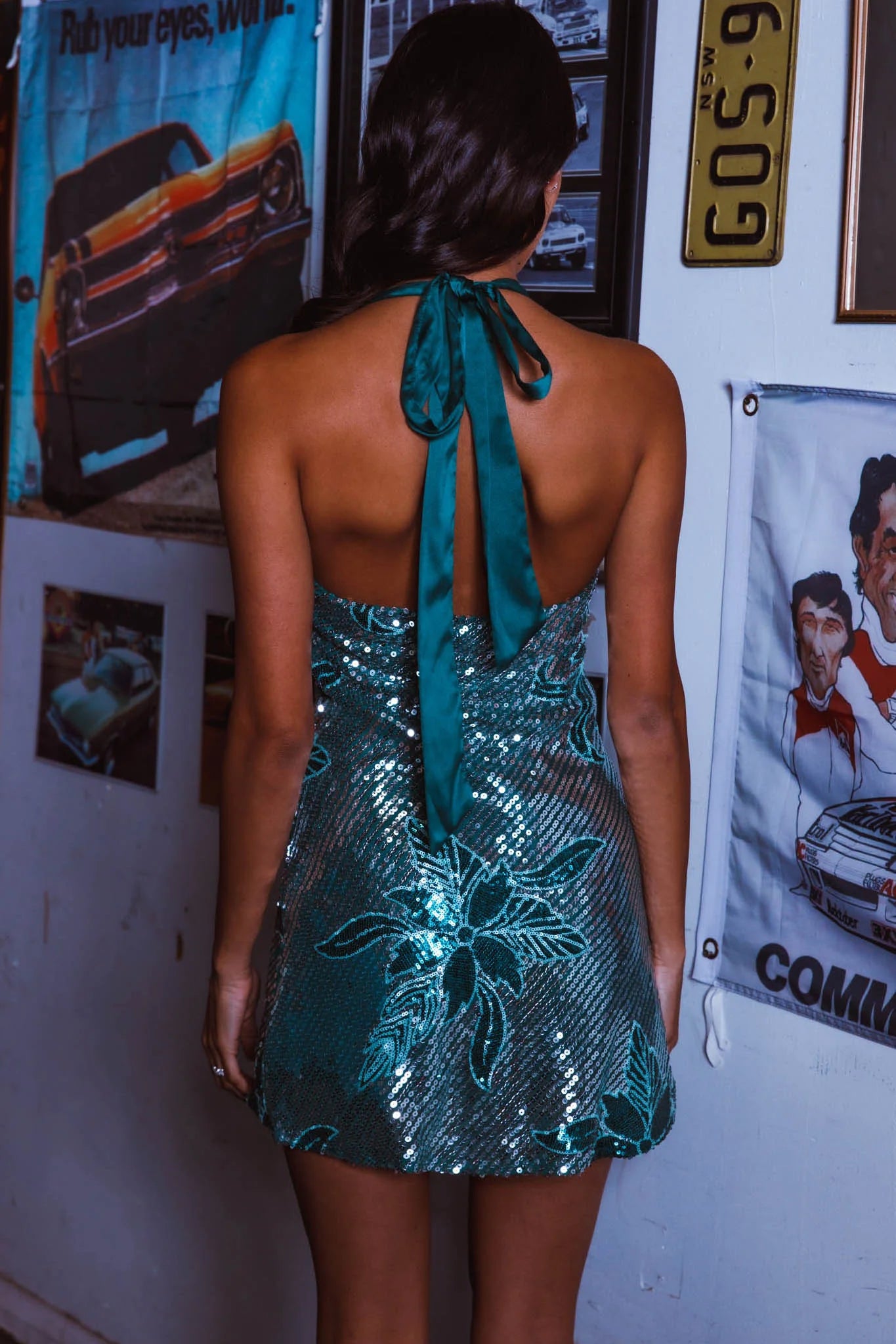 Champagne Showers Halterneck Slip Mini Dress Sequin Flowers Green