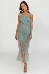 Arrabel Tiered Ruffle Tulle Maxi Dress Sage