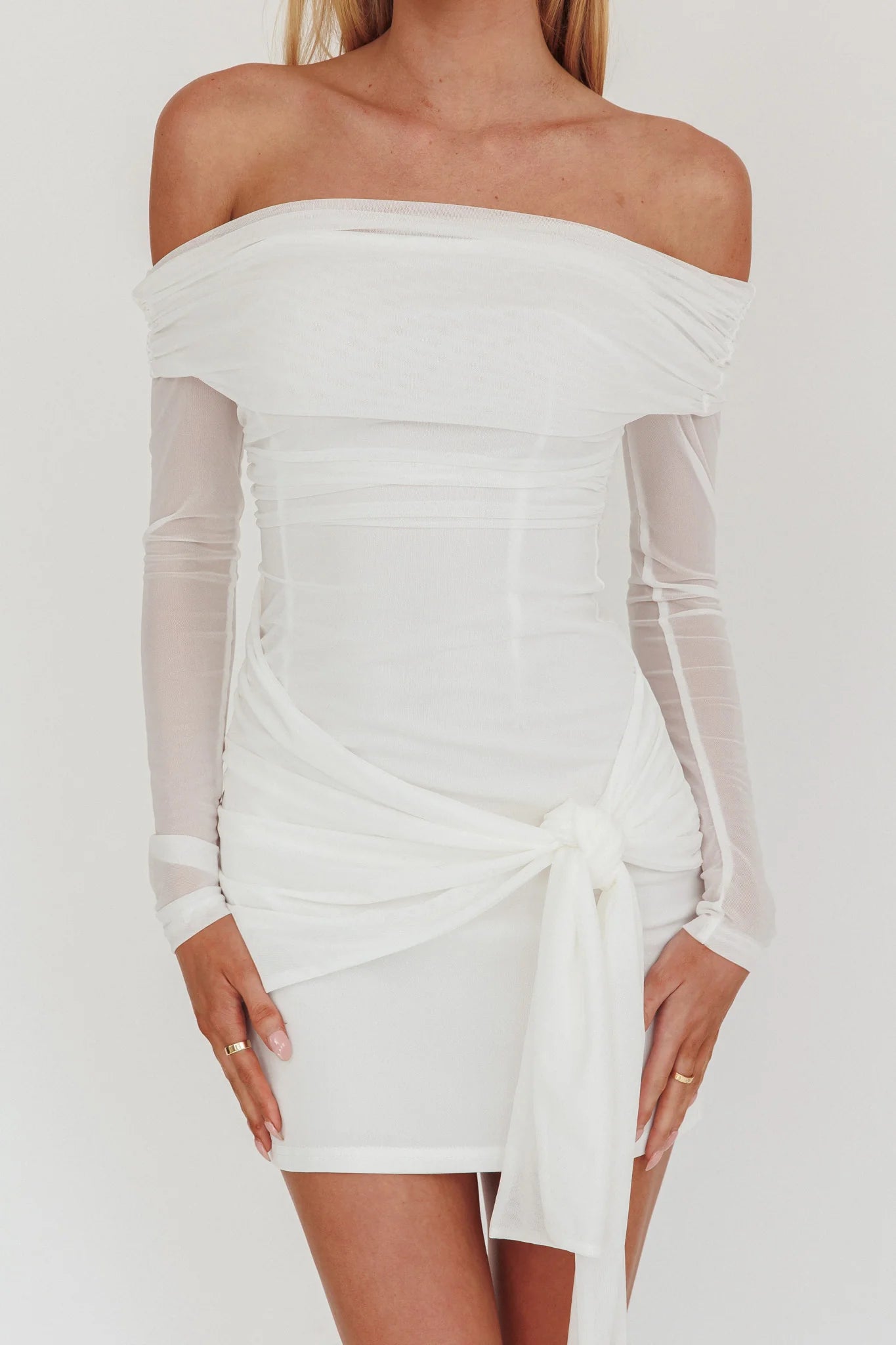Dangerous Off Shoulder Waist Tie Mini Dress White