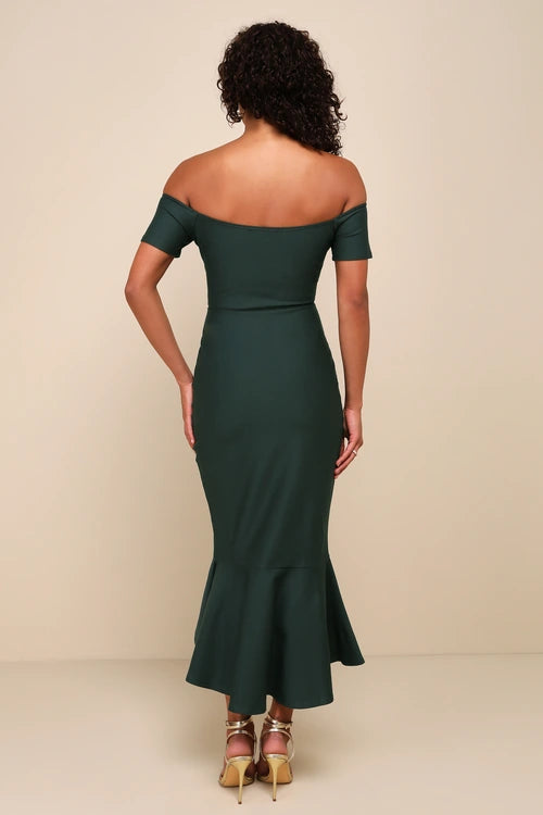 How Much I Care Dark Green Off-the-Shoulder Midi Dress