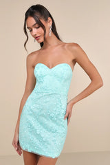 Exquisite Sensation Teal Floral Embroidered Strapless Mini Dress
