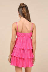 Sleek Dedication Hot Pink Satin Plisse Cutout Tiered Mini Dress