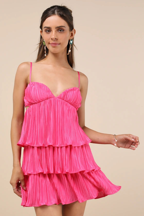 Sleek Dedication Hot Pink Satin Plisse Cutout Tiered Mini Dress