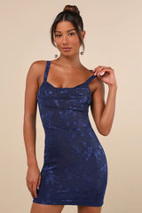 Ever So Flirty Navy Blue Mesh Floral Cowl Bodycon Mini Dress