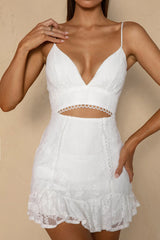 Dearly Beloved Cami Strap Cut-Out Frill Hem Lace Dress White