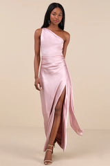 Signature Elegance Dusty Lavender Satin One-Shoulder Maxi Dress
