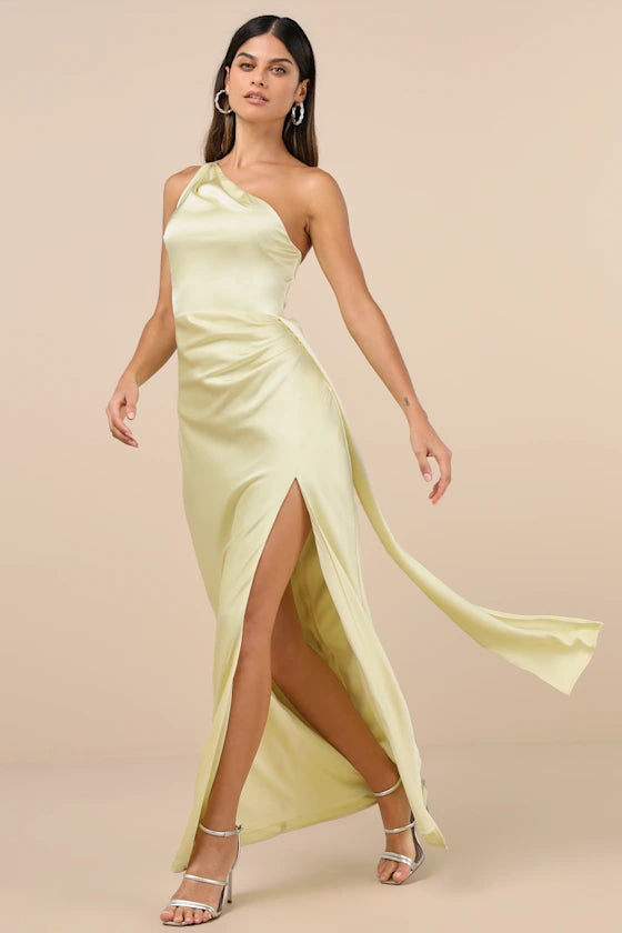 Signature Elegance Pale Yellow Satin One-Shoulder Maxi Dress