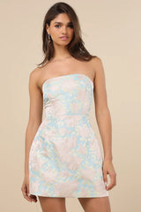 Caius Light Blue Jacquard Strapless Mini Dress