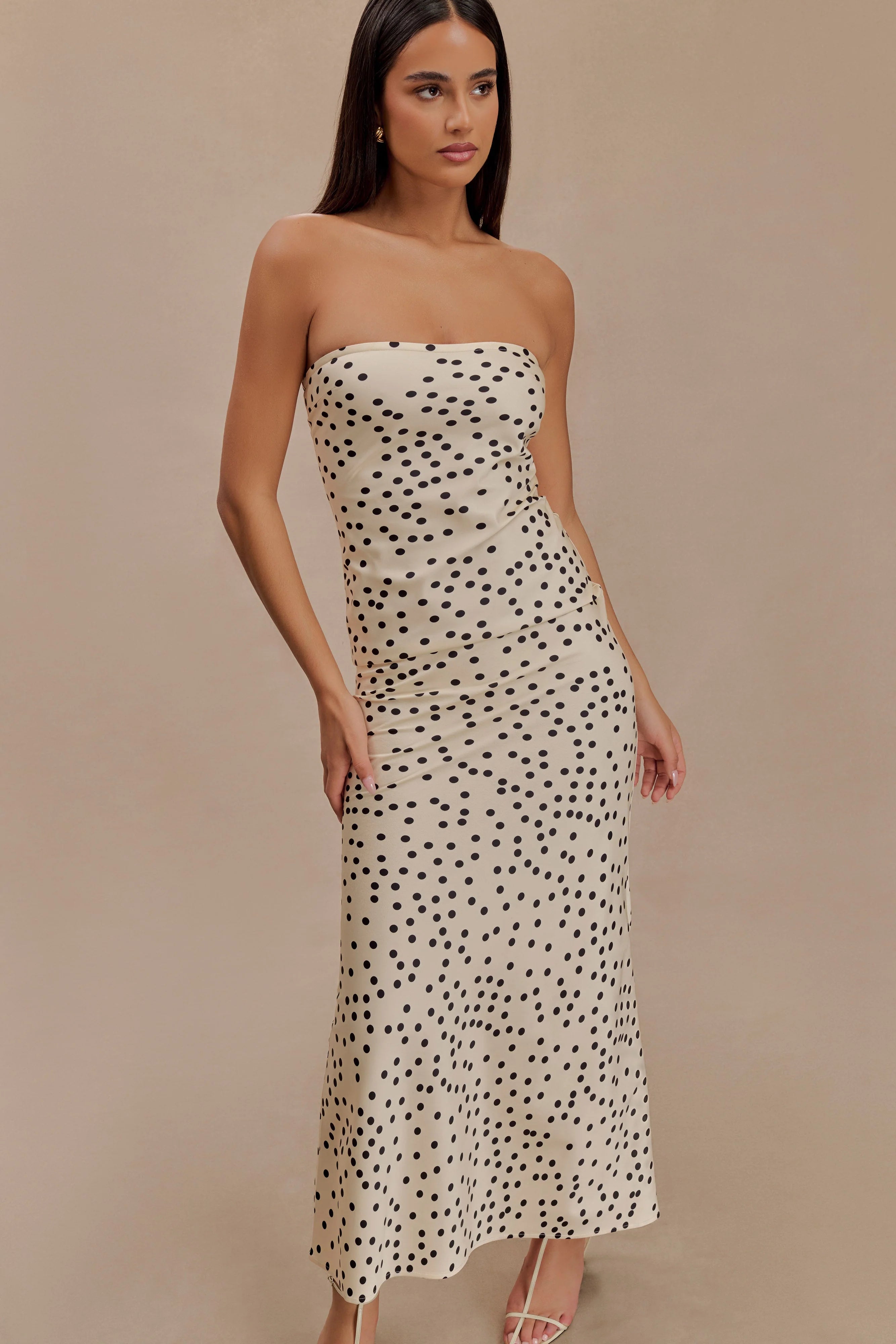 Claudette Strapless Satin Maxi Dress - Polka Dot Print