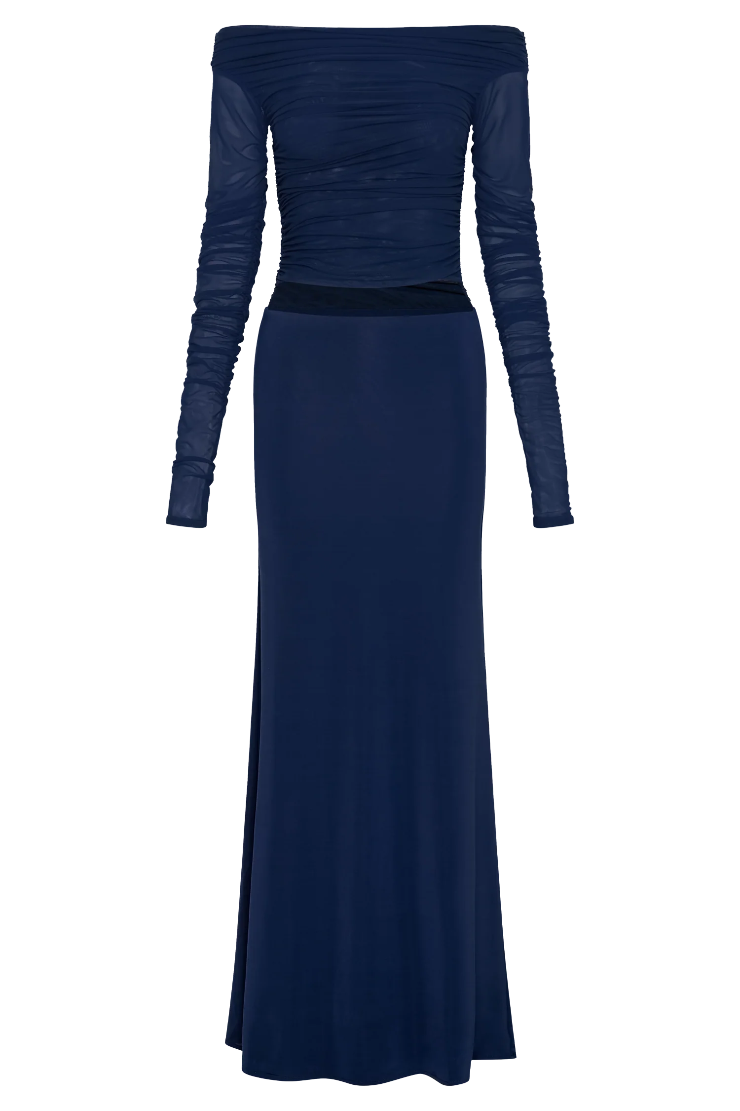 Darla Mesh And Slinky Off Shoulder Maxi Dress - Dark Navy