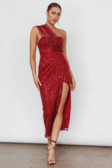 Doniella One-Shoulder Split Sequin Maxi Dress Wine