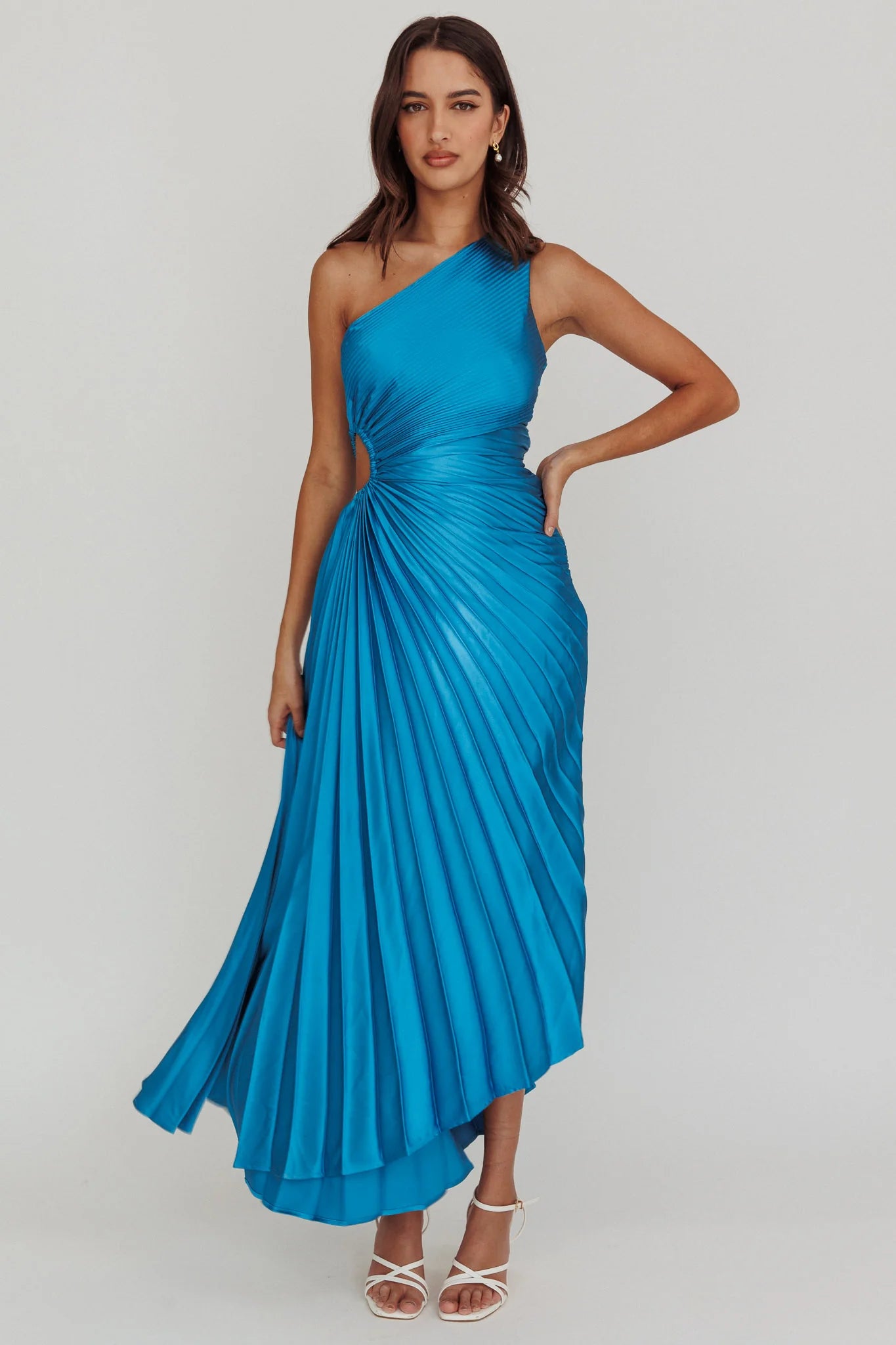 Brooklynn One-Shoulder Accordion Pleat Satin Midi Dress Teal