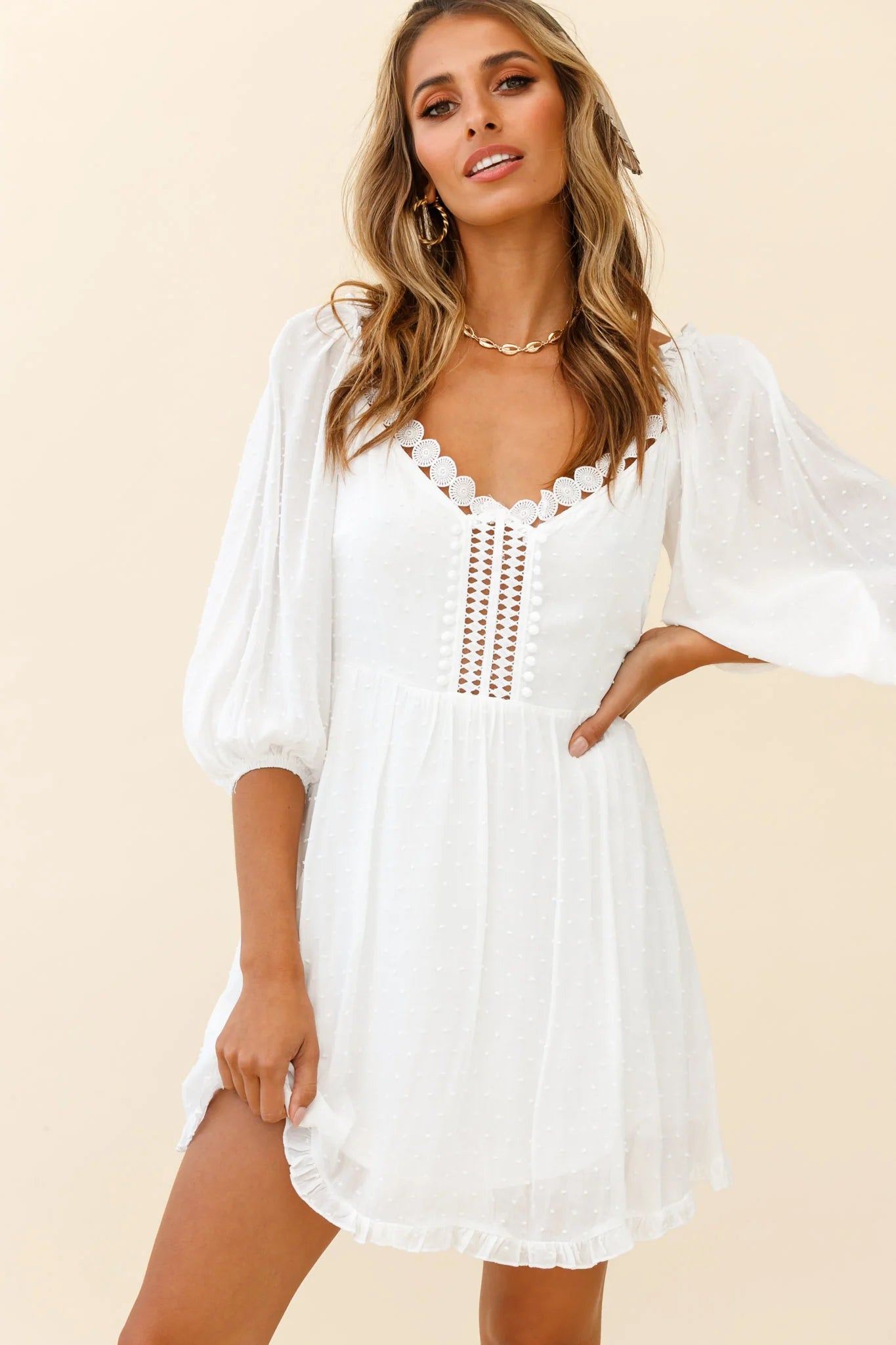 Dream Lover Puff Sleeve Crochet Insert Dress White