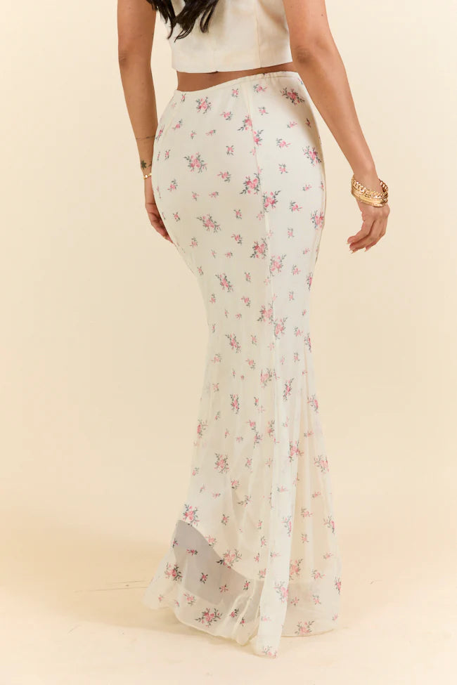 Floral Echo Ivory and Pink Knit Maxi Skirt