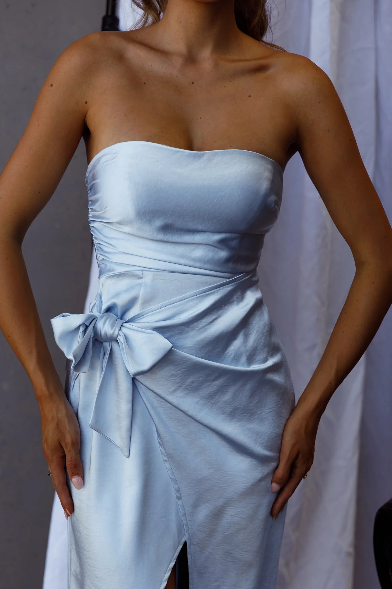 Gianna Strapless Waist Tie Midi Dress Steel Blue
