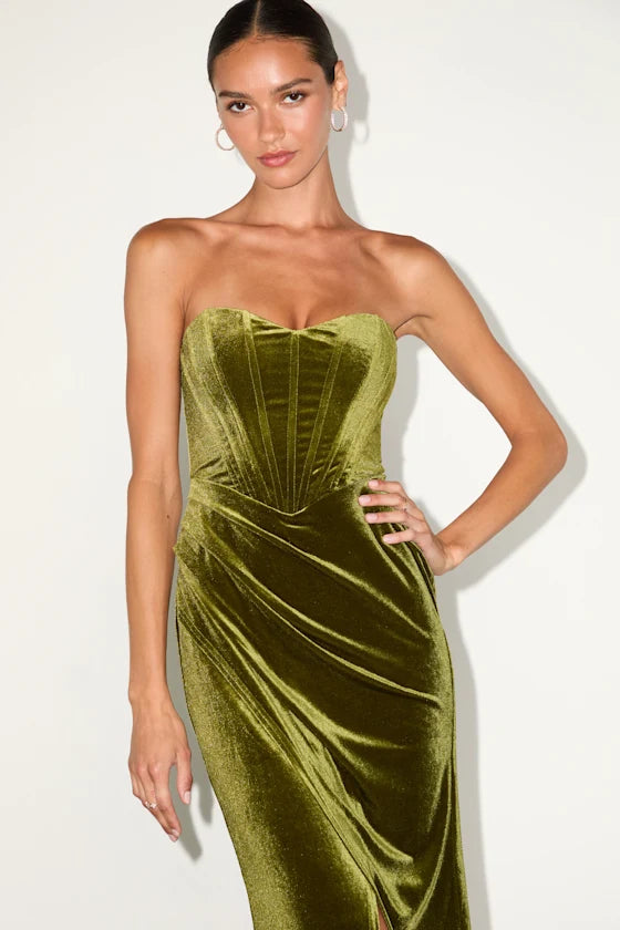 Masterfully Flirty Olive Green Velvet Bustier Midi Dress