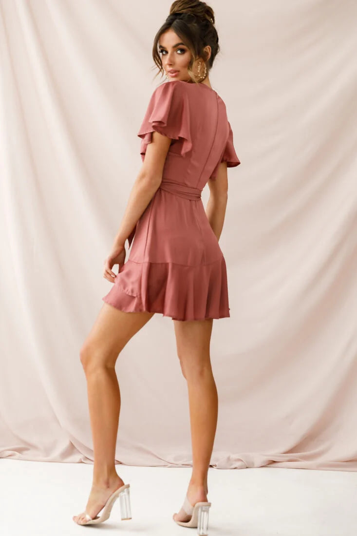 Cami Angel Sleeve Faux Wrap Dress Rose