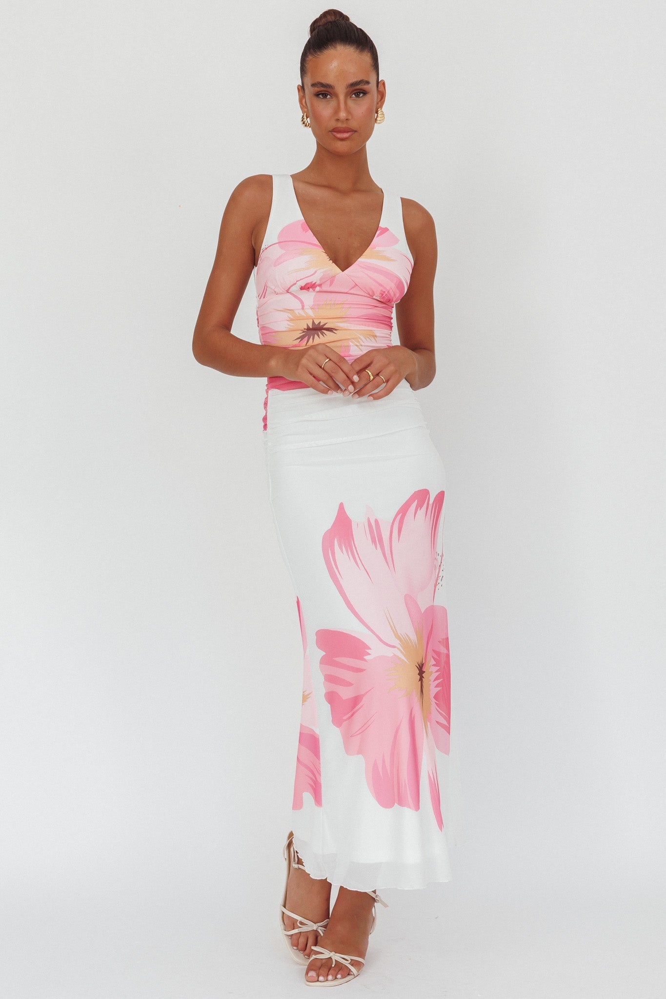 Oliana V-Neck Mesh Maxi Dress Hibiscus White/Pink