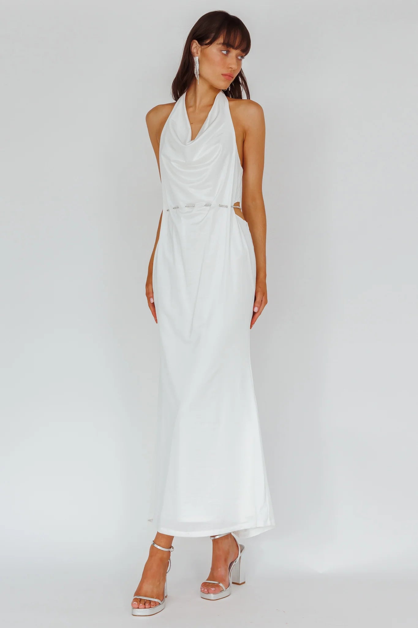 Emmi Cowl Neck Diamante Rope Dress White