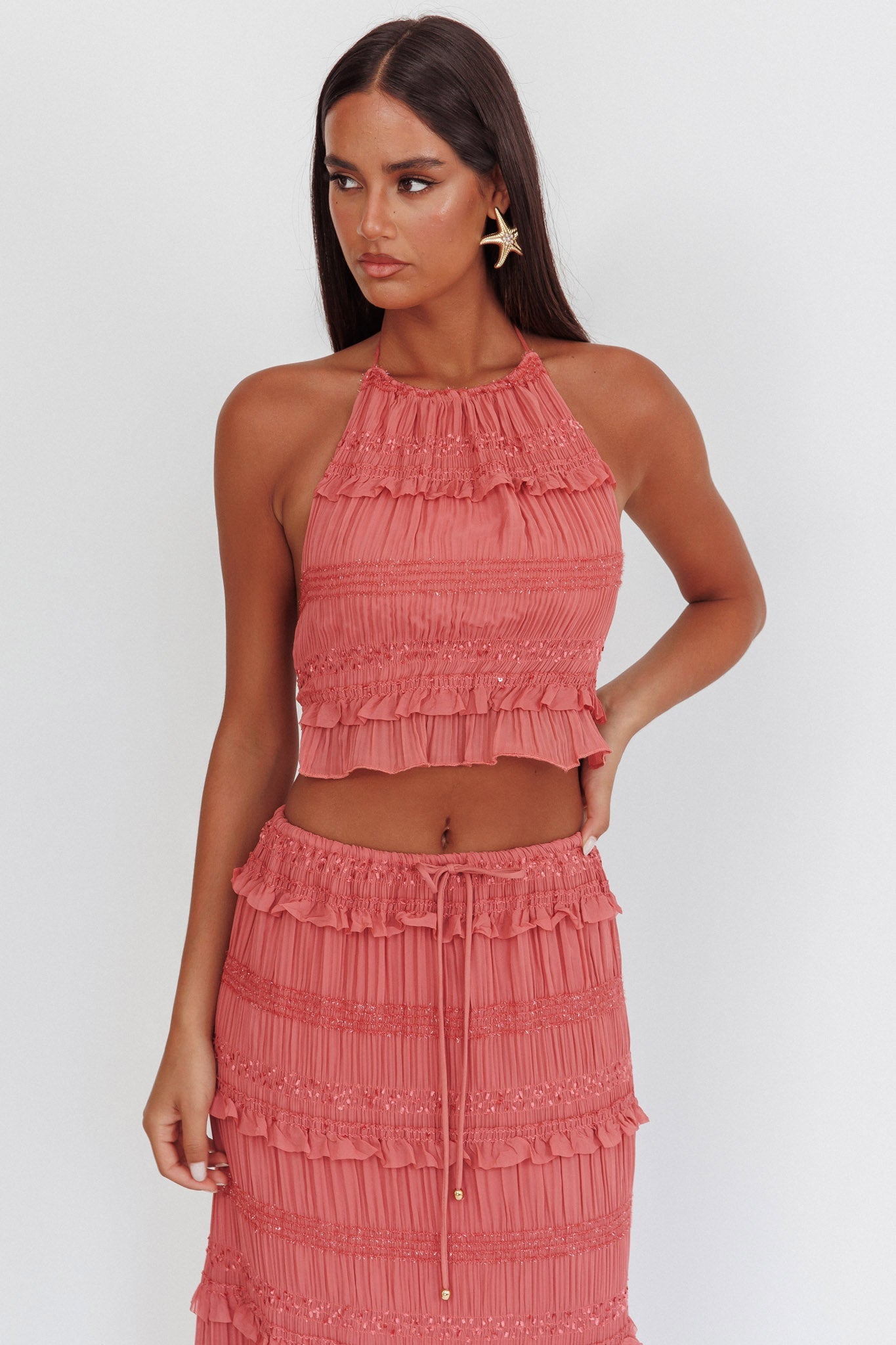 Helios Halterneck Shirred Sequin Top Rose