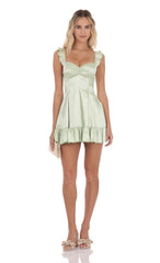 Satin Ruffle Fit and Flare Dress in Pastel Green