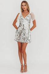 Mykonos Morning Tied Shoulder Sequin Mini Dress Silver