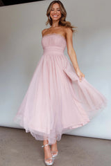 Fayette Strapless Mesh Midi Dress Blush