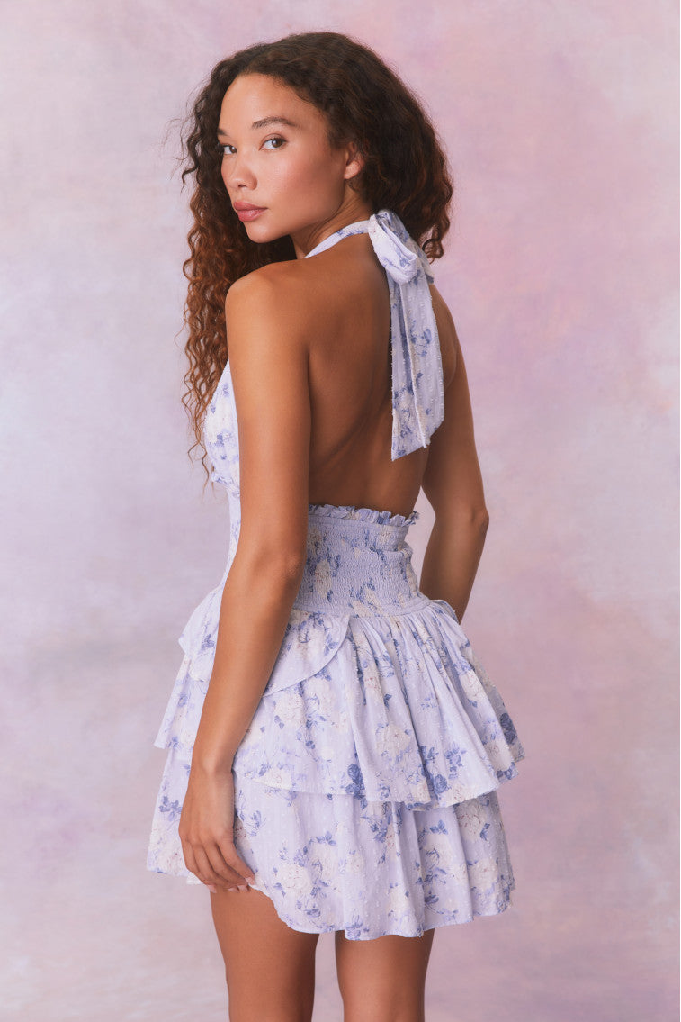 Deanna Fragrance Print Halter Mini Dress-WHISPER BLUE